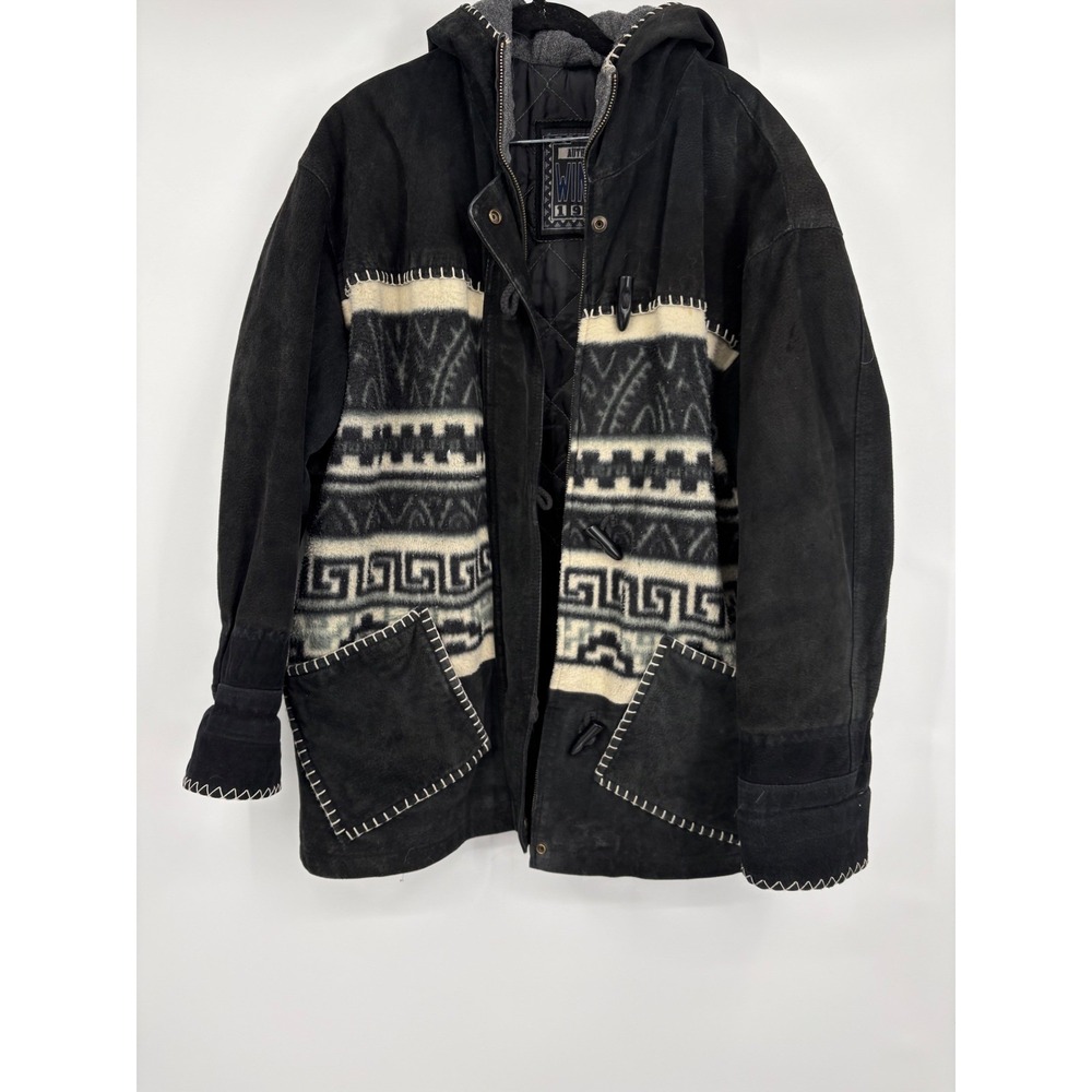 WIN IT 1969 Womens Black Suede Hooded Toggle Jacket Aztec Print Lined Medium